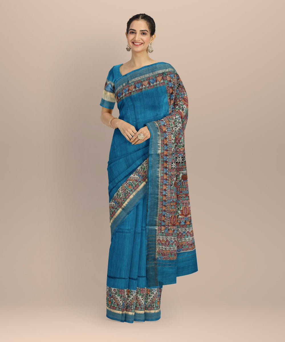 Cyan blue multi color tussar silk hand painted madhubani saree