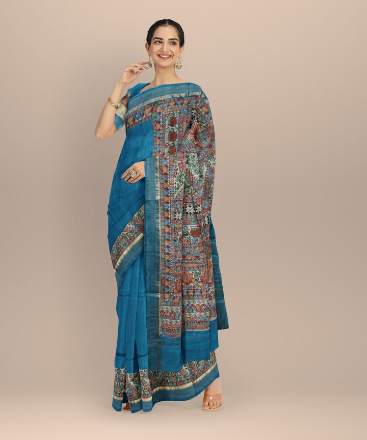 Cyan blue multi color tussar silk hand painted madhubani saree