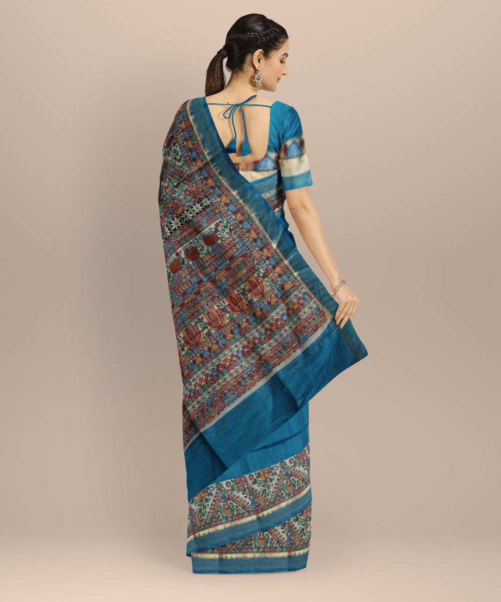 Cyan blue multi color tussar silk hand painted madhubani saree