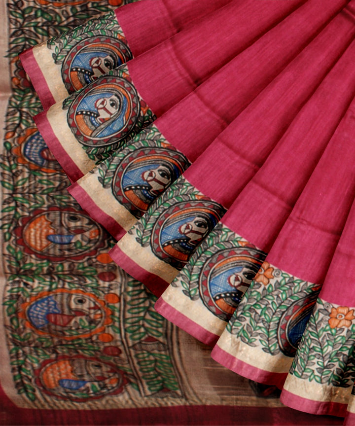 Red multi color tussar silk hand painted madhubani saree