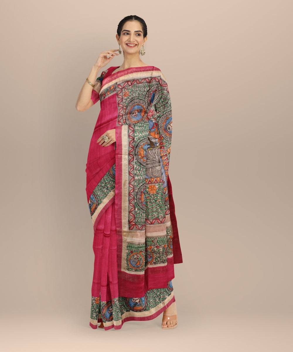 Red multi color tussar silk hand painted madhubani saree