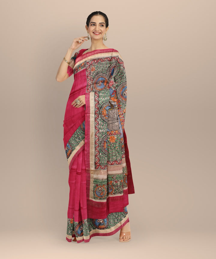 Red multi color tussar silk hand painted madhubani saree