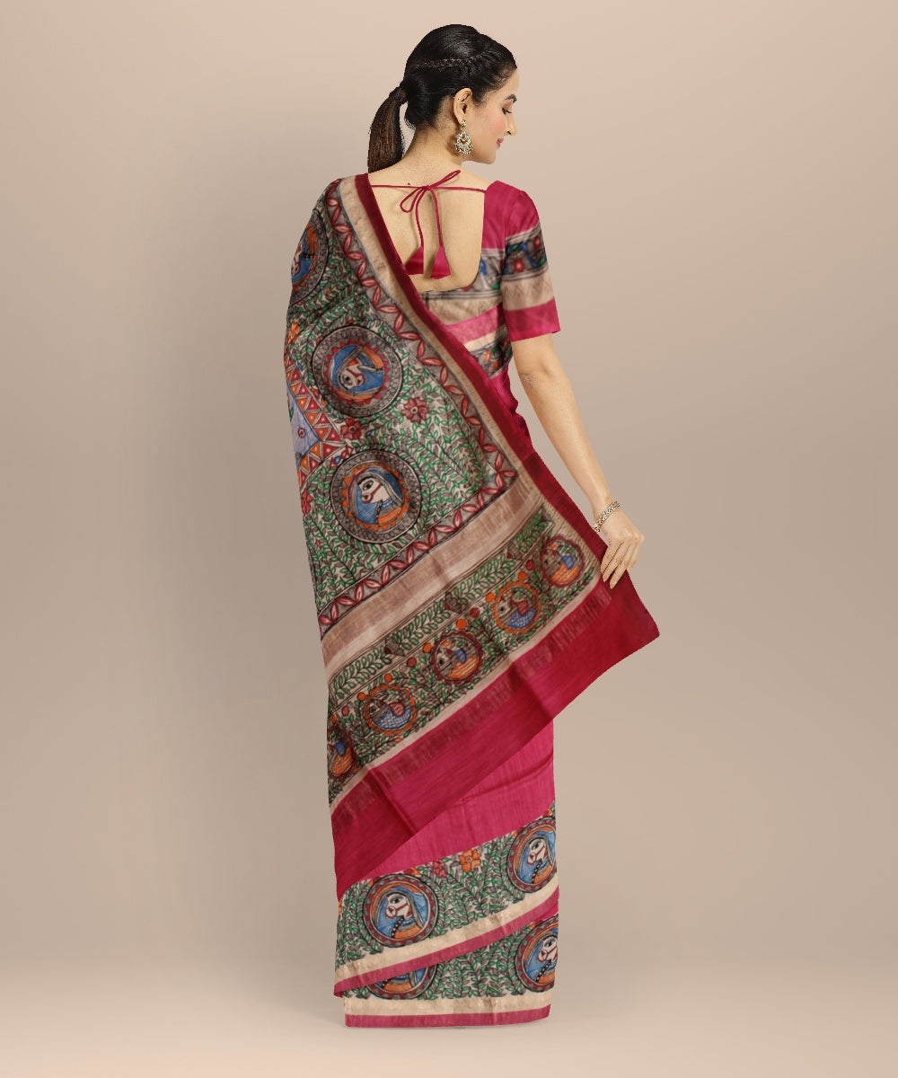 Red multi color tussar silk hand painted madhubani saree