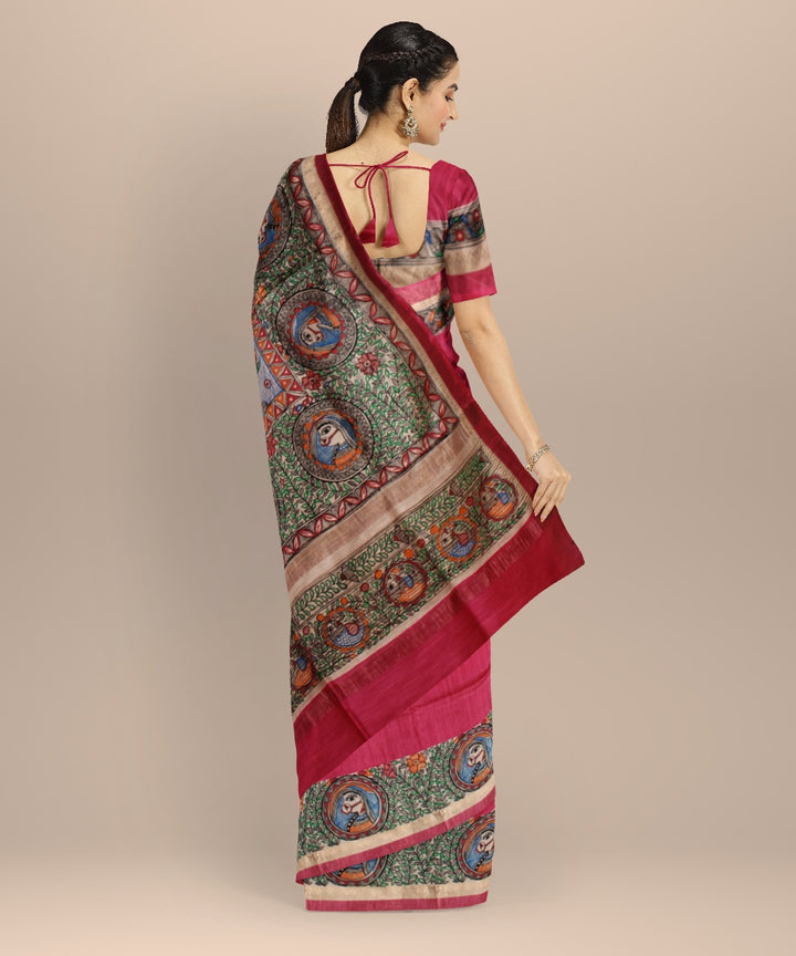 Red multi color tussar silk hand painted madhubani saree