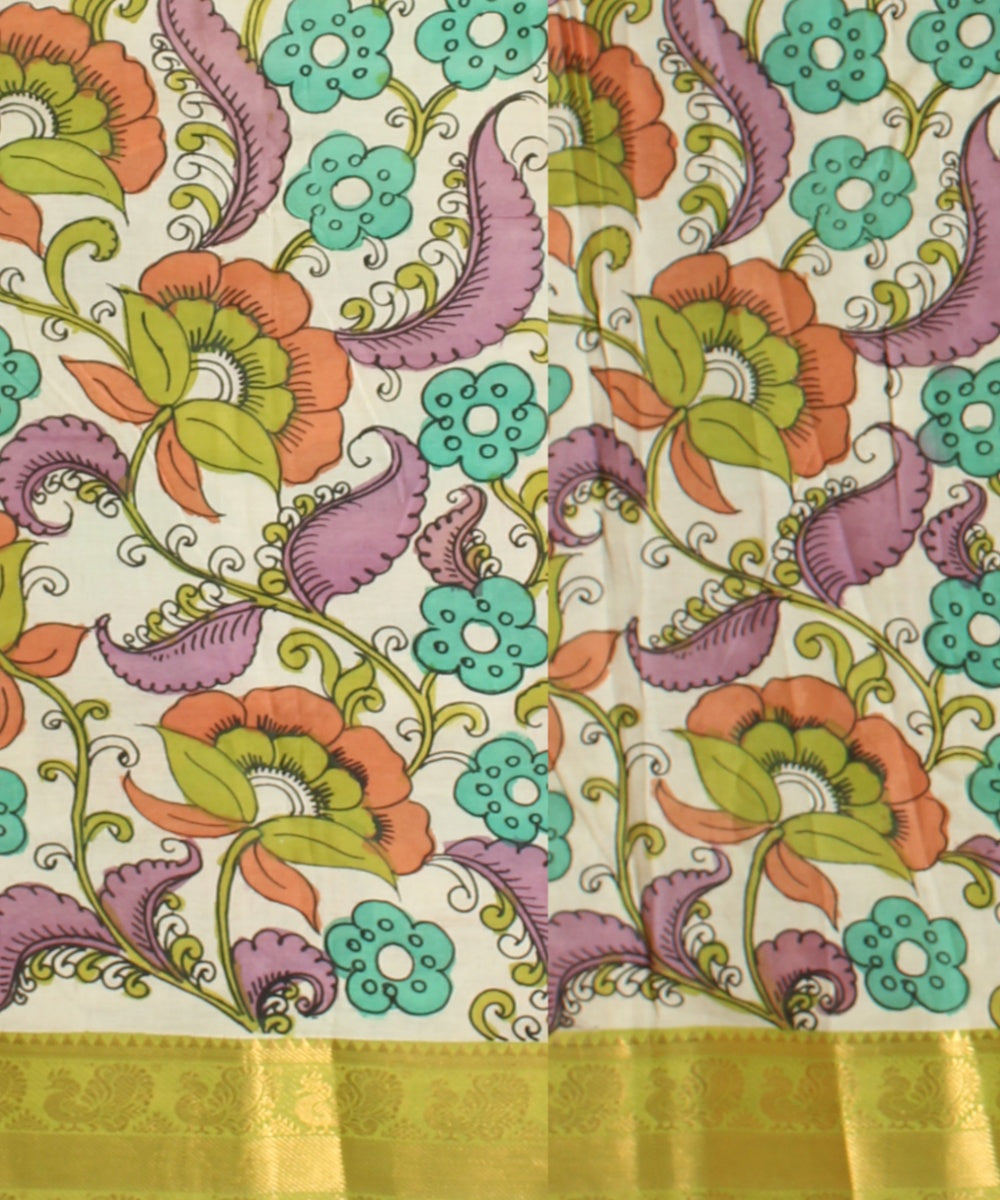 Olive green yellow silk hand painted kalamkari saree
