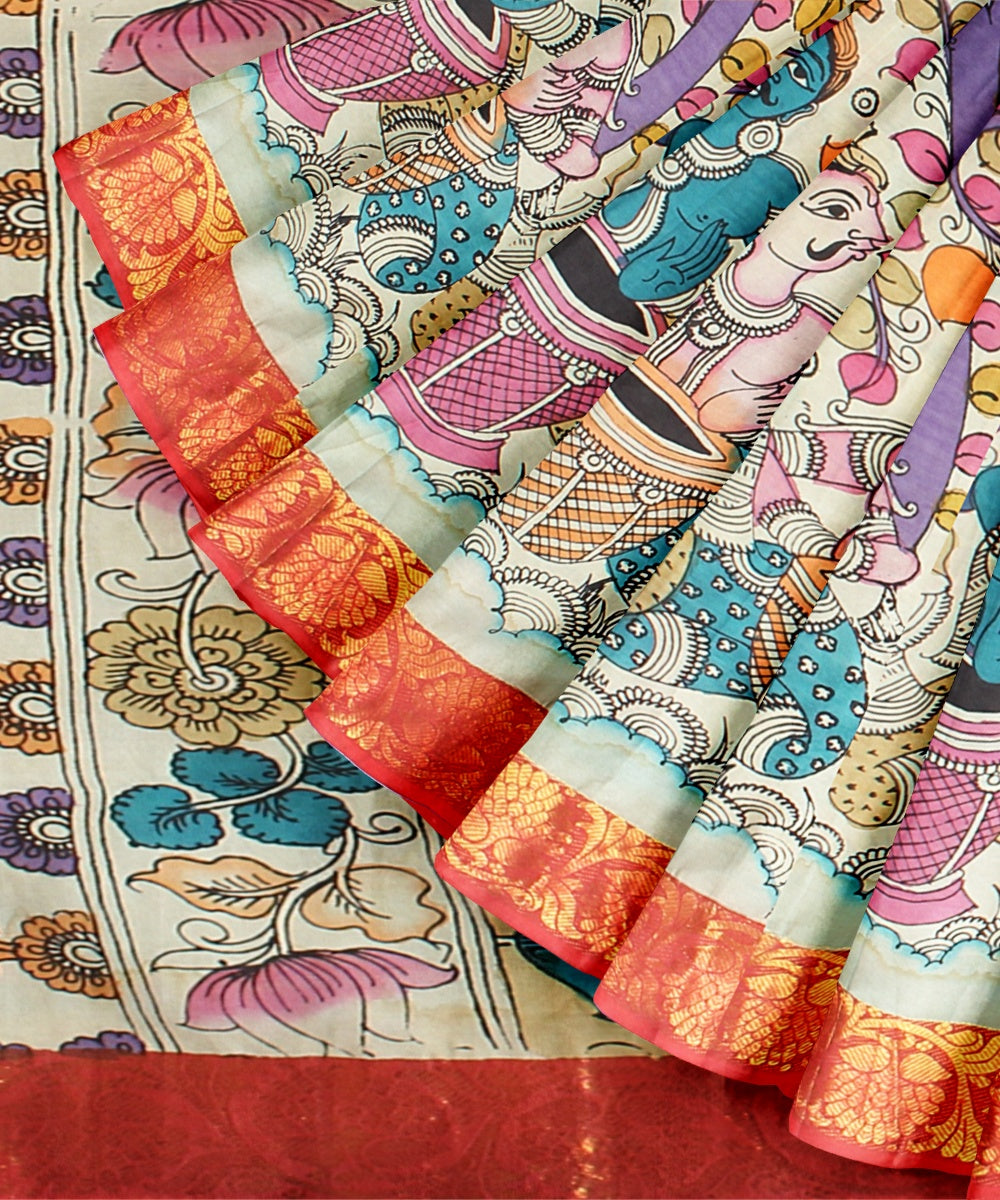 Dark green multicolors silk hand painted kalamkari saree