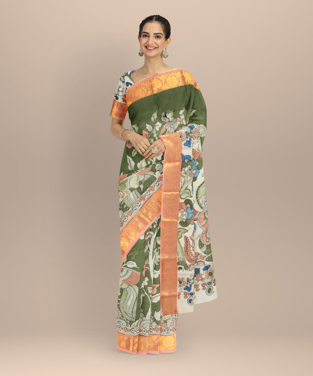 Olive green multicolors silk hand painted kalamkari saree