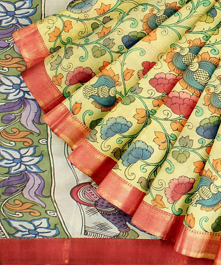 Yellow cream silk hand painted kalamkari saree