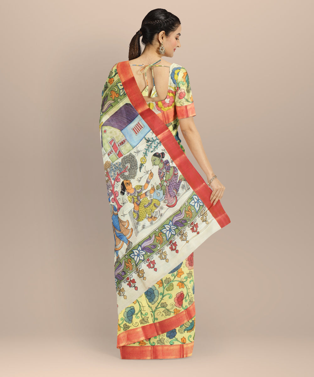 Yellow cream silk hand painted kalamkari saree