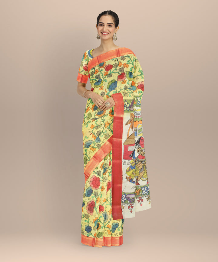 Yellow cream silk hand painted kalamkari saree