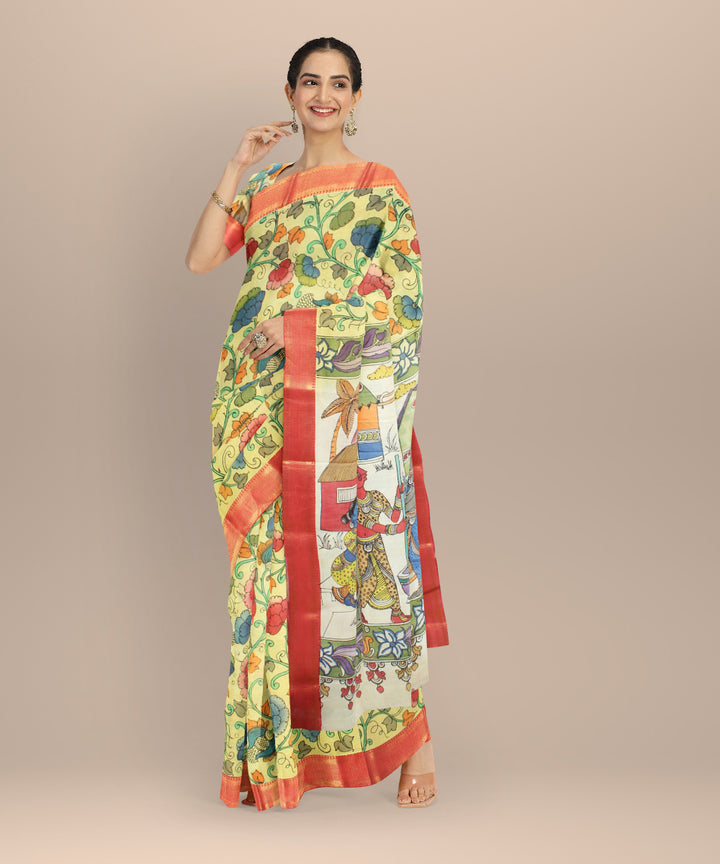 Yellow cream silk hand painted kalamkari saree