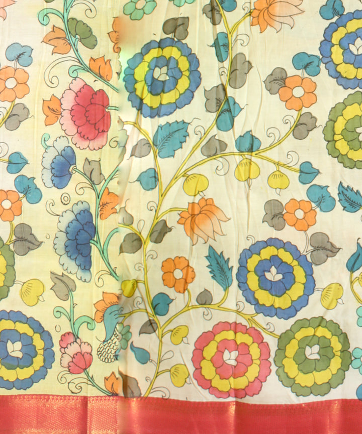 Yellow cream silk hand painted kalamkari saree