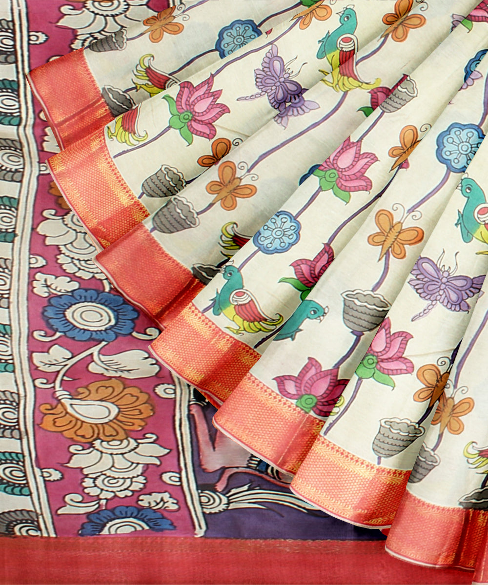 Off white peach silk hand painted kalamkari saree