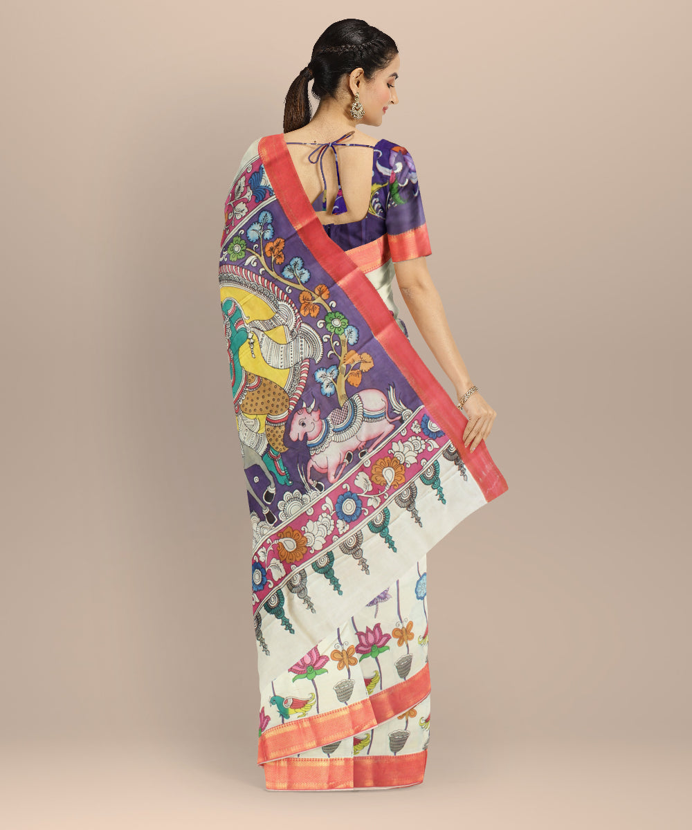 Off white peach silk hand painted kalamkari saree