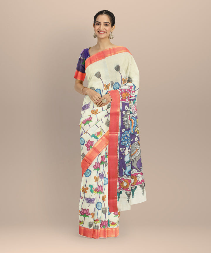 Off white peach silk hand painted kalamkari saree