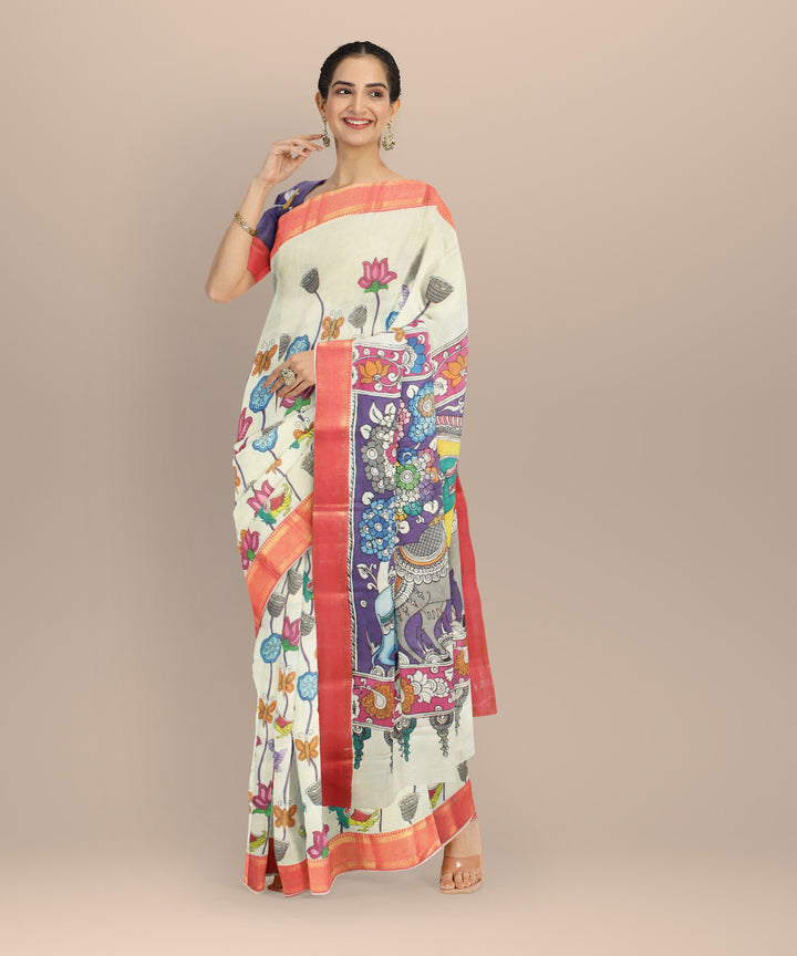 Off white peach silk hand painted kalamkari saree