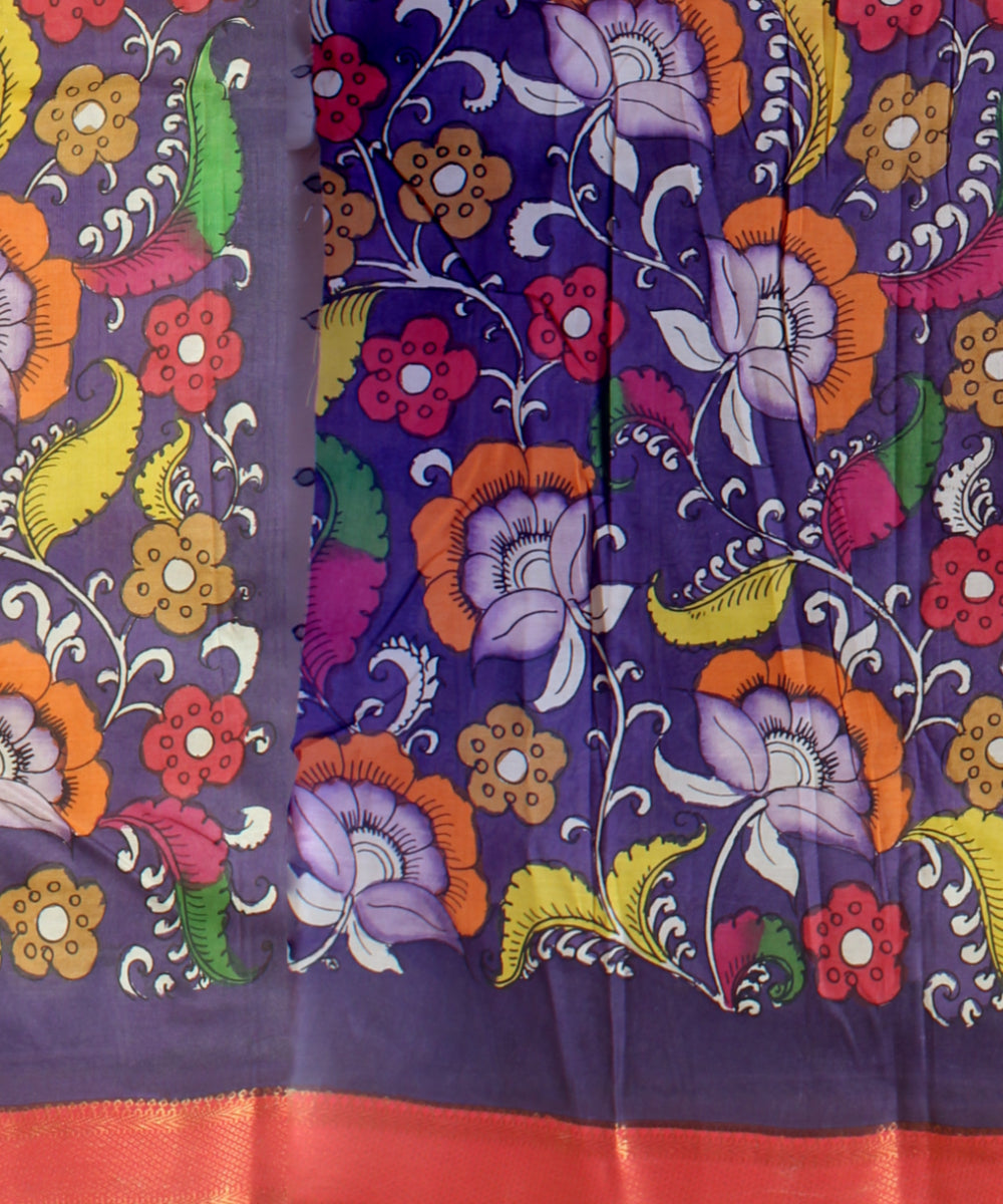Off white peach silk hand painted kalamkari saree