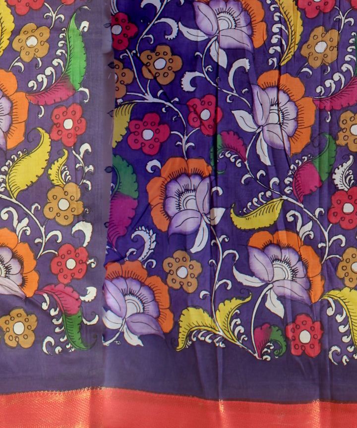 Off white peach silk hand painted kalamkari saree