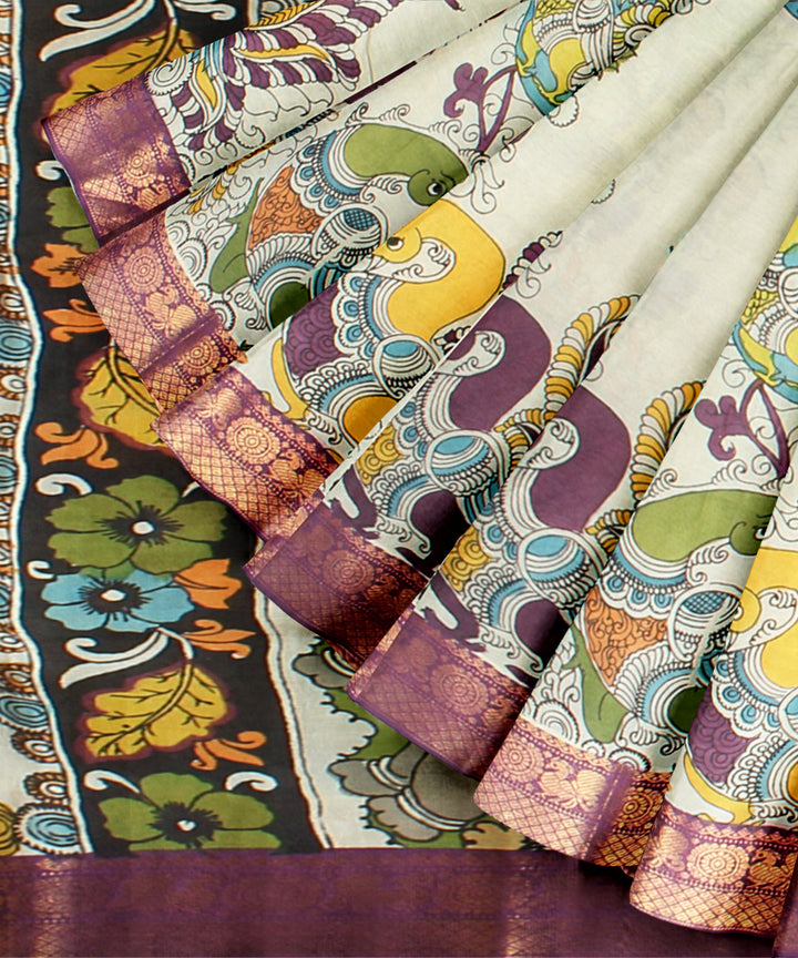 Off white black silk hand painted kalamkari saree