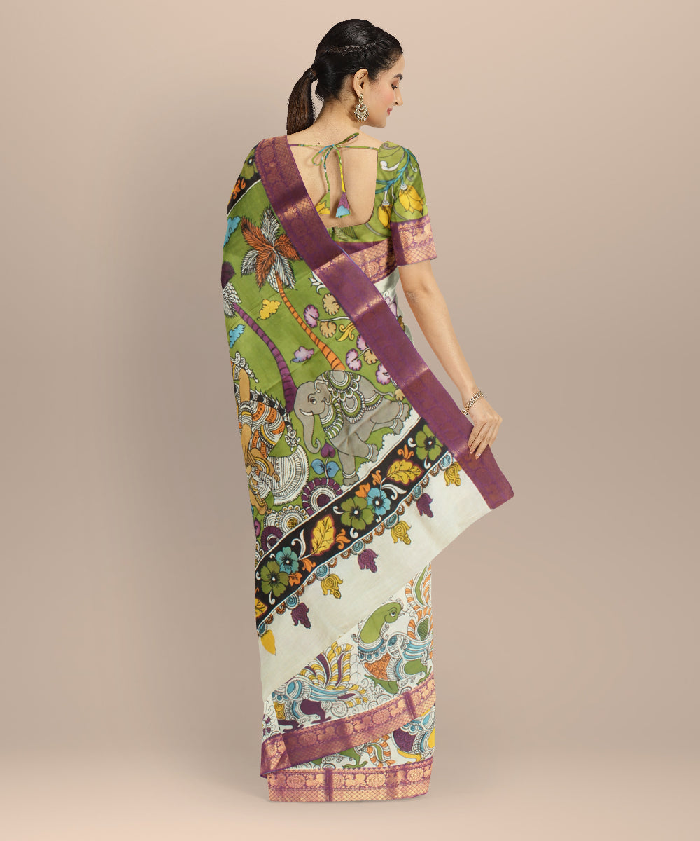 Off white black silk hand painted kalamkari saree
