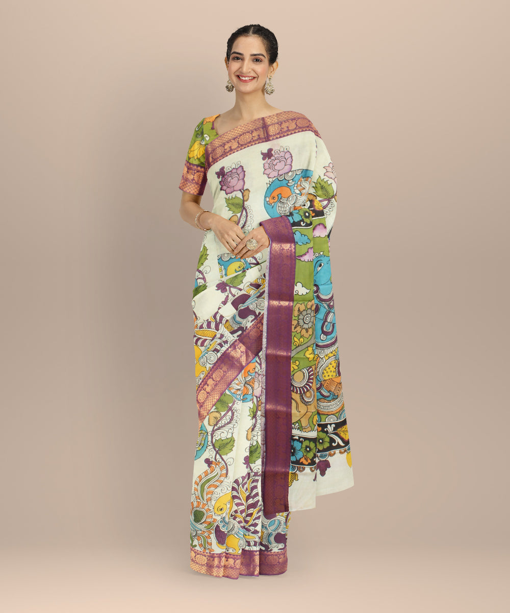 Off white black silk hand painted kalamkari saree
