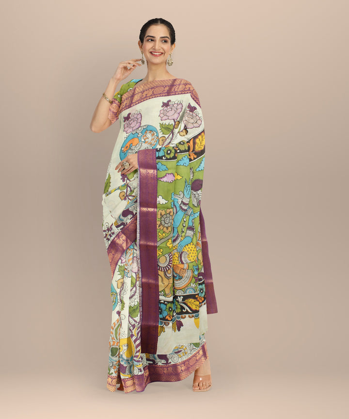 Off white black silk hand painted kalamkari saree
