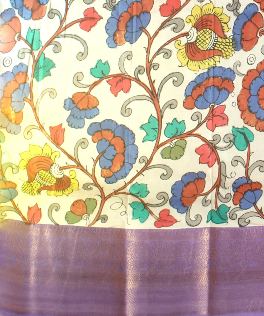 Off white black silk hand painted kalamkari saree