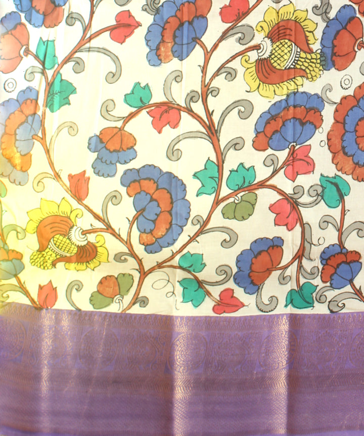 Off white black silk hand painted kalamkari saree