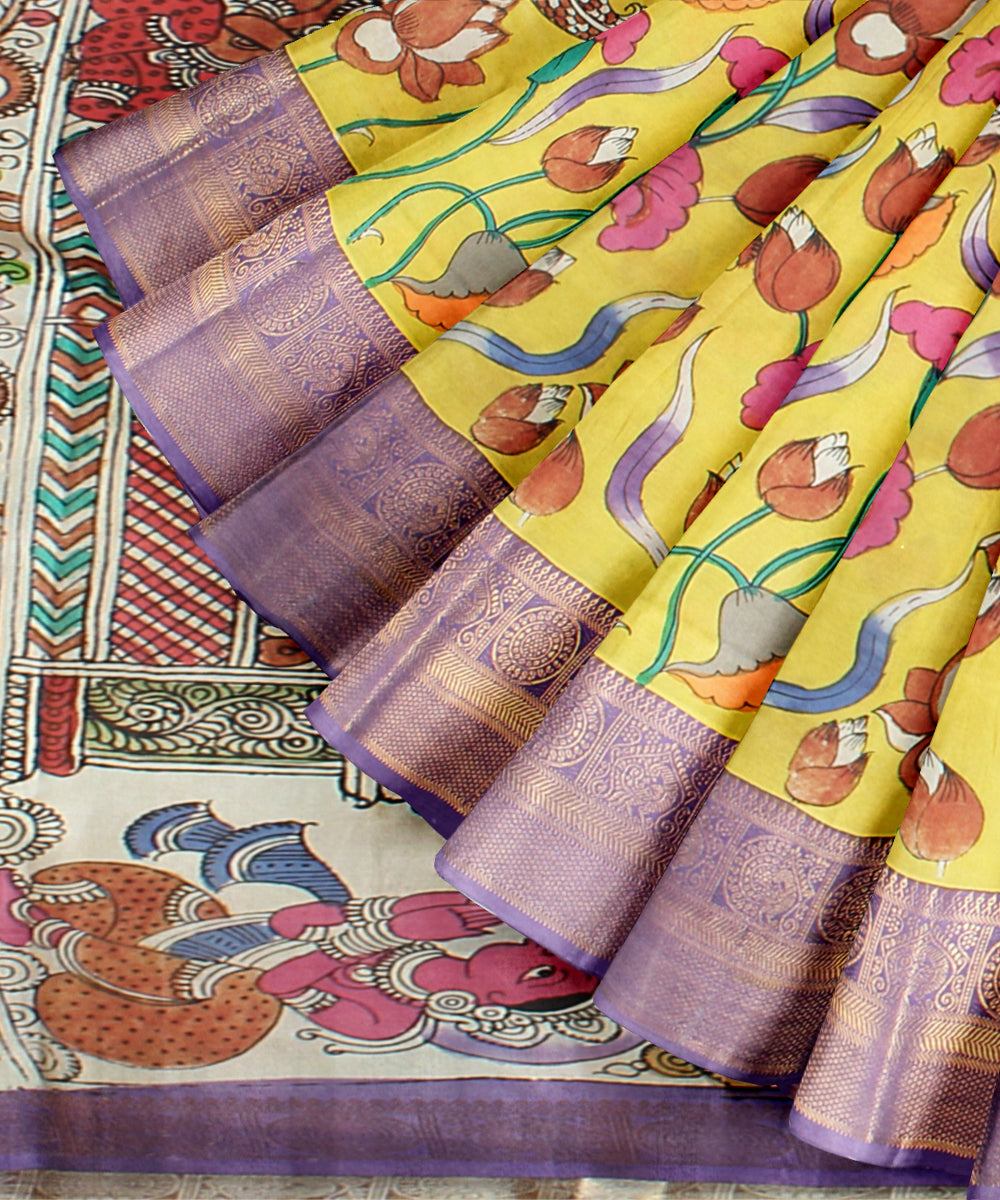 Yellow  silk hand painted kalamkari saree