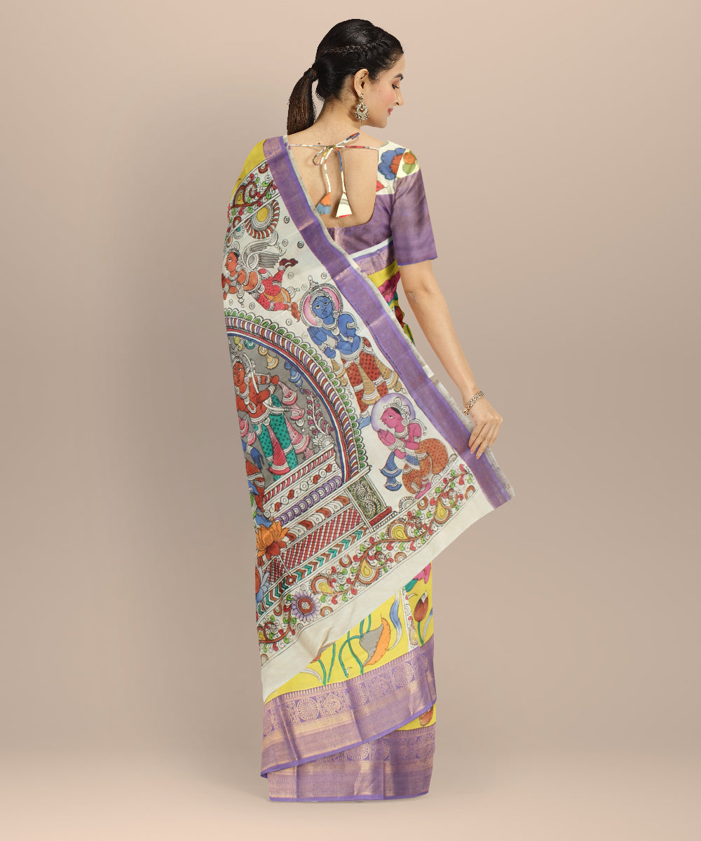 Yellow  silk hand painted kalamkari saree