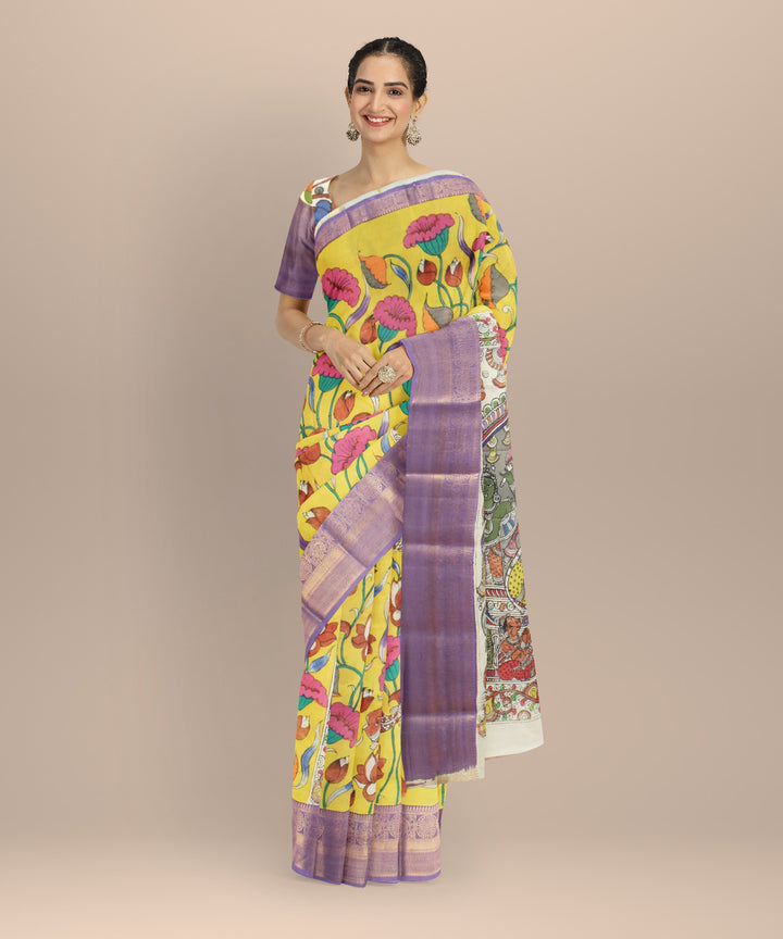 Yellow  silk hand painted kalamkari saree