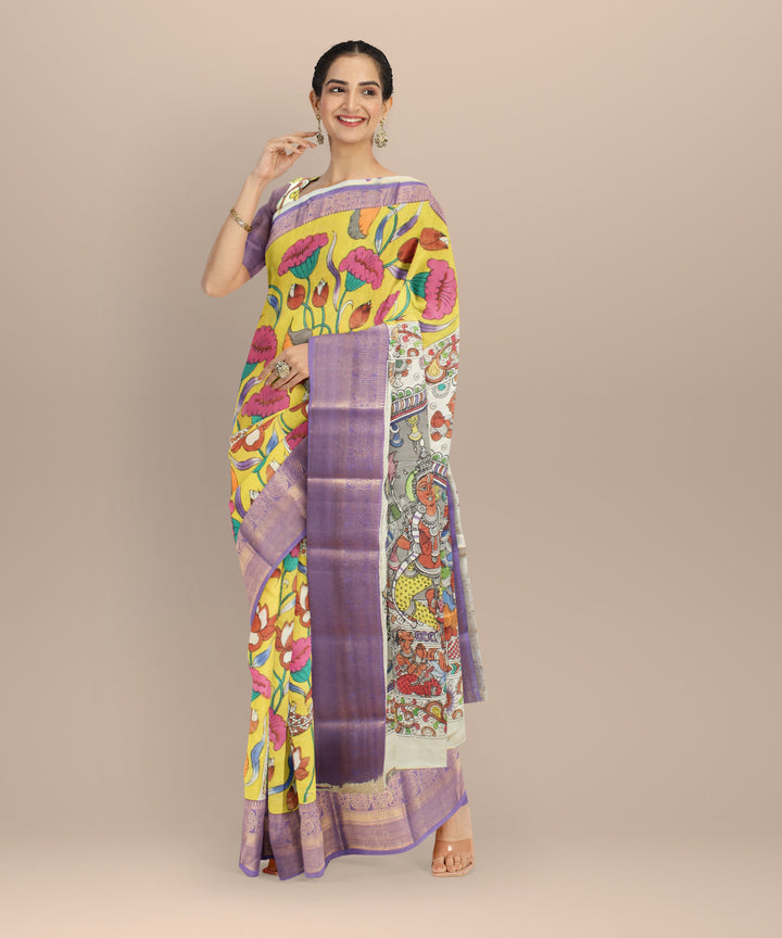 Yellow  silk hand painted kalamkari saree