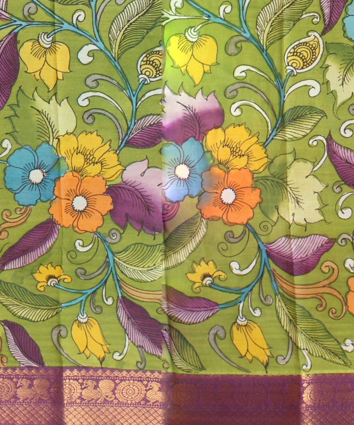 Yellow  silk hand painted kalamkari saree