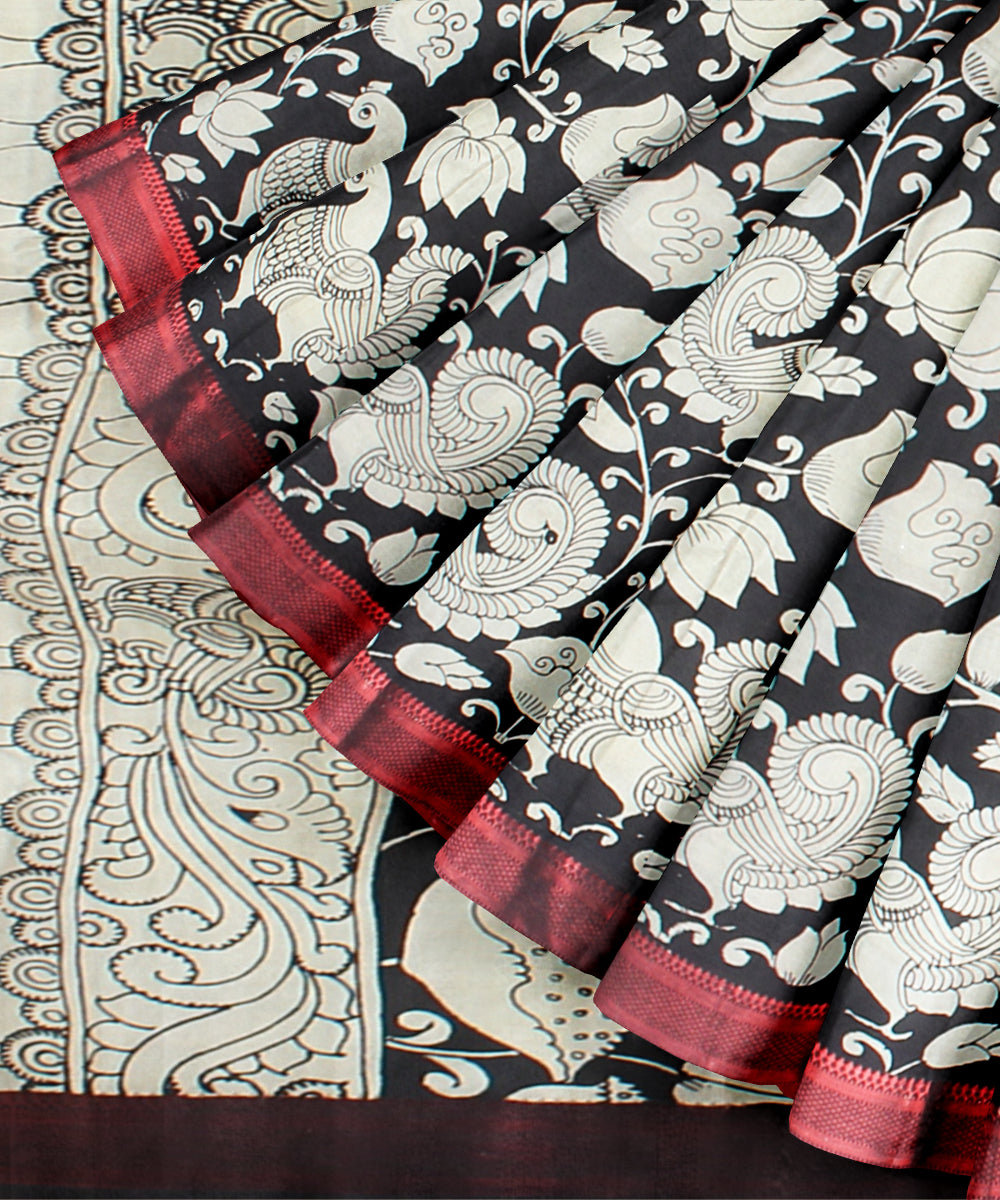 Black white hand painted kalamkari silk saree