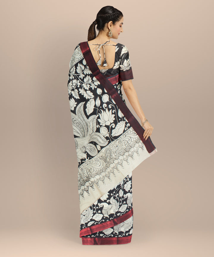 Black white hand painted kalamkari silk saree