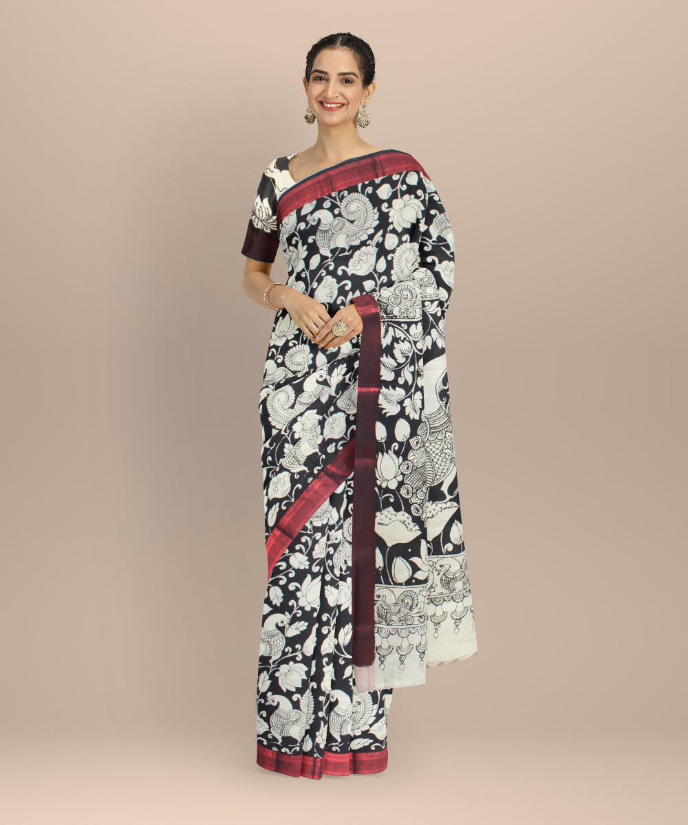Black white hand painted kalamkari silk saree