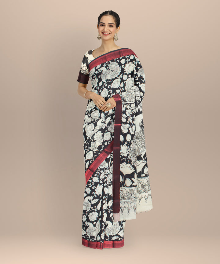 Black white hand painted kalamkari silk saree