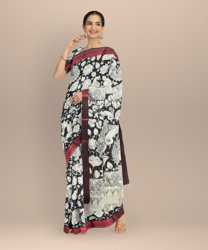 Black white hand painted kalamkari silk saree