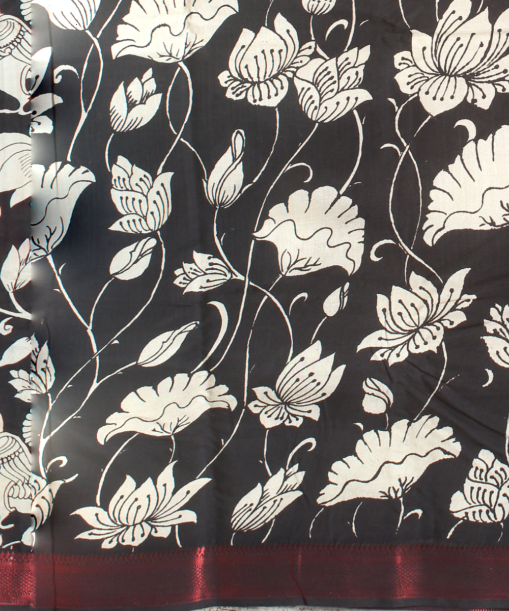 Black white hand painted kalamkari silk saree