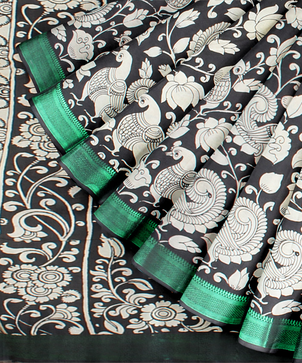 Black offwhite hand painted kalamkari silk saree