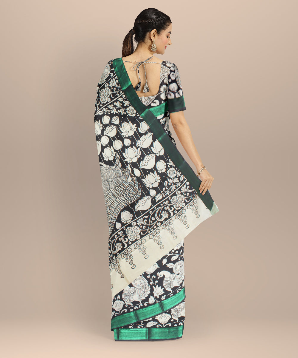 Black offwhite hand painted kalamkari silk saree