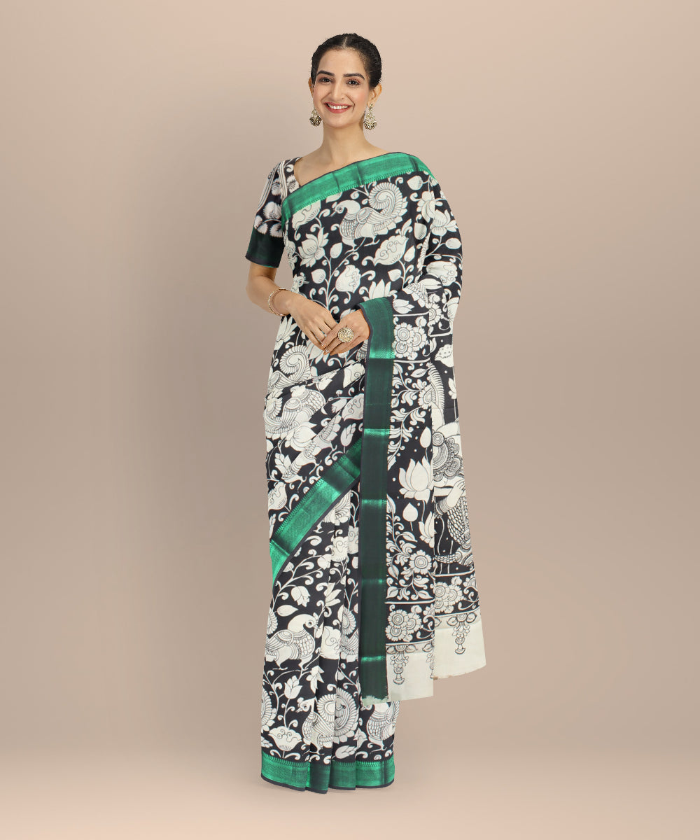 Black offwhite hand painted kalamkari silk saree