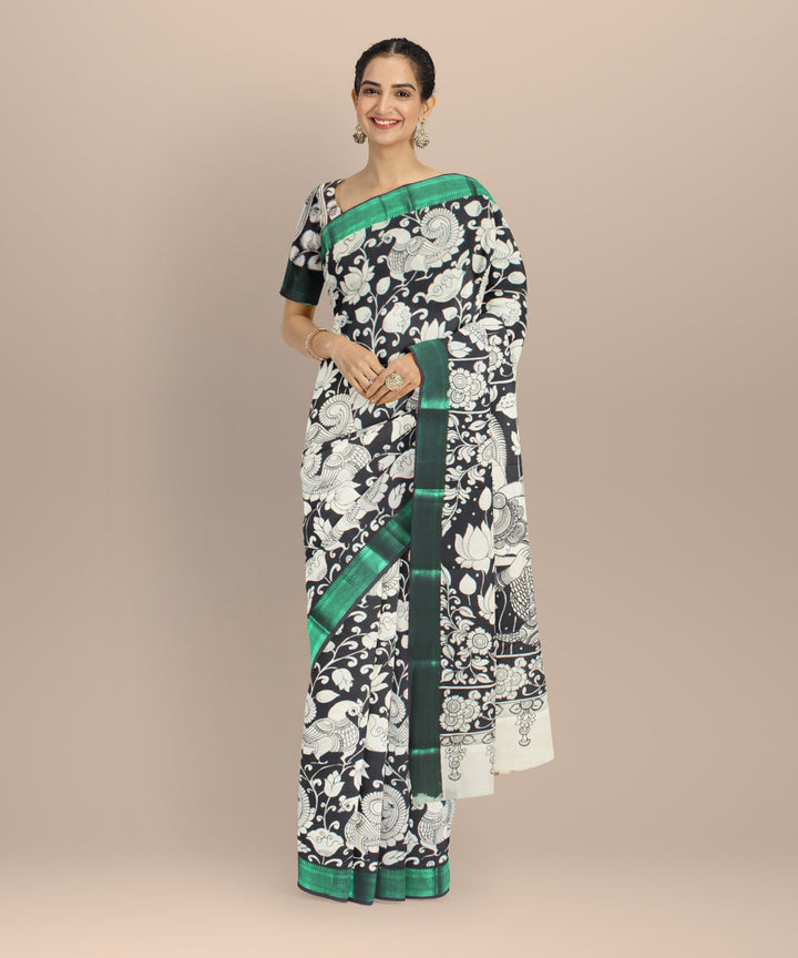 Black offwhite hand painted kalamkari silk saree