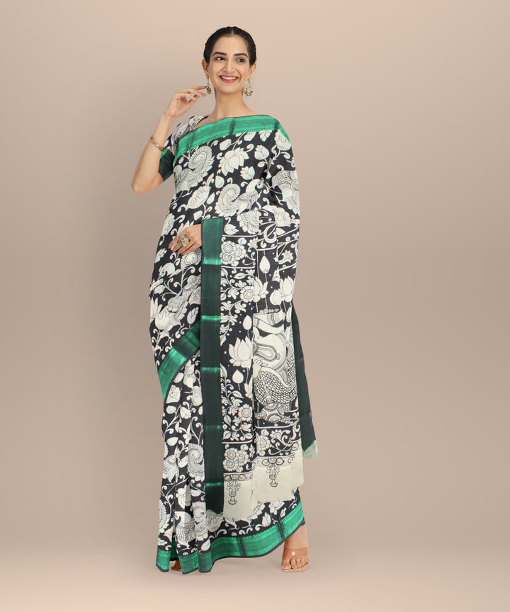 Black offwhite hand painted kalamkari silk saree