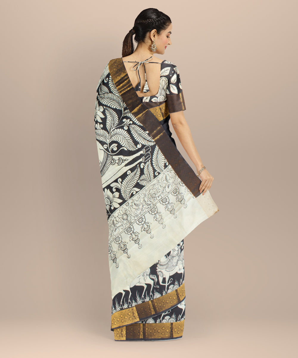 Black off white hand painted kalamkari silk saree
