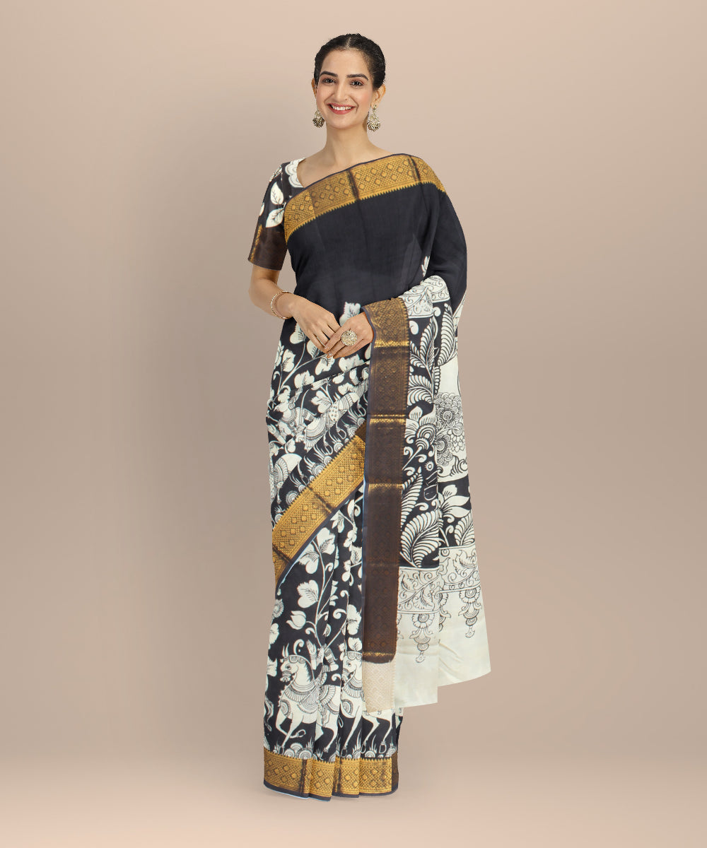 Black off white hand painted kalamkari silk saree