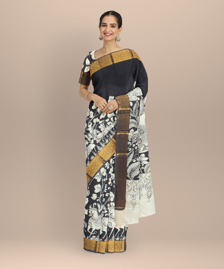 Black off white hand painted kalamkari silk saree