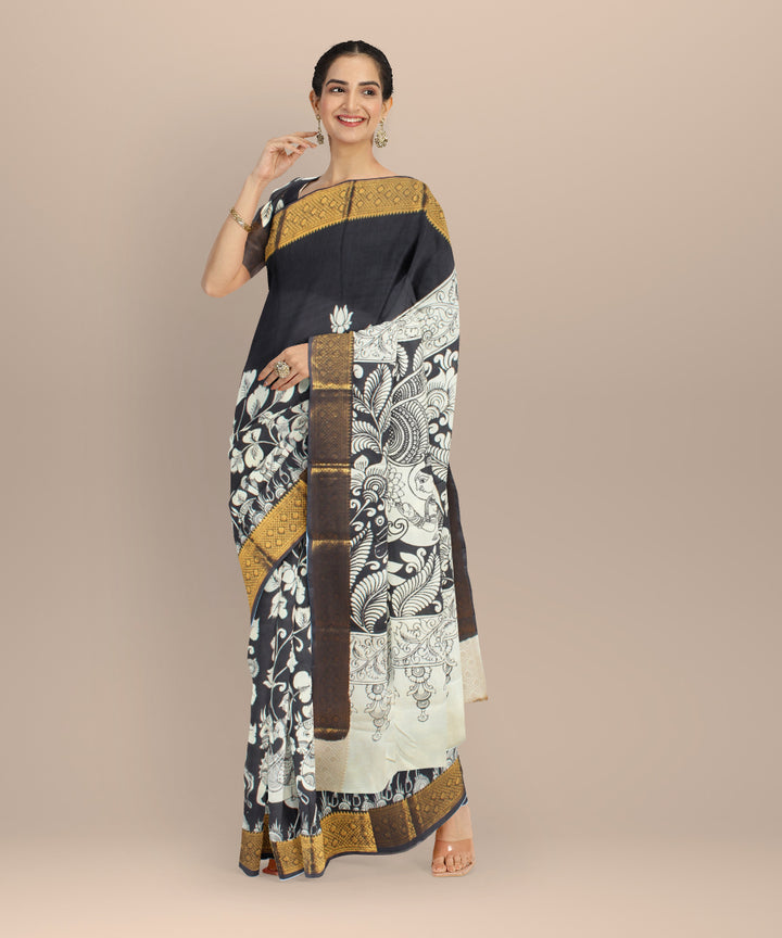 Black off white hand painted kalamkari silk saree