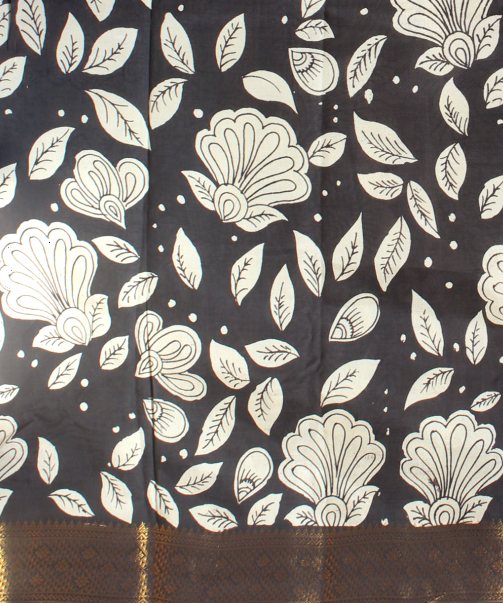 Black off white hand painted kalamkari silk saree