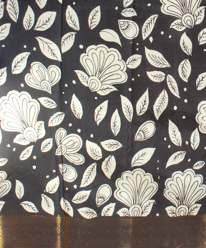 Black off white hand painted kalamkari silk saree
